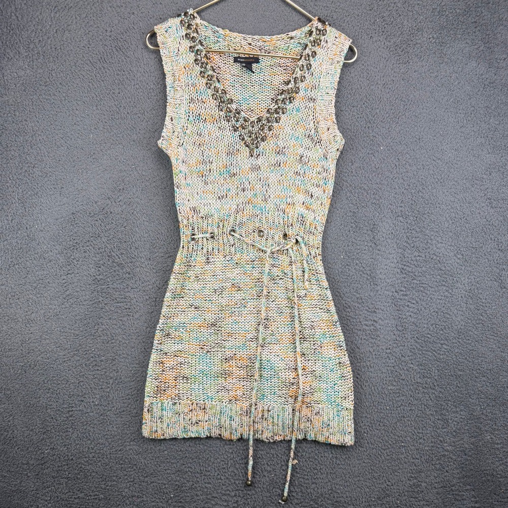 BCBGMAXAZRIA Womens Large Beaded V-Neck Space Dye Knit Sleeveless Tunic Sweater